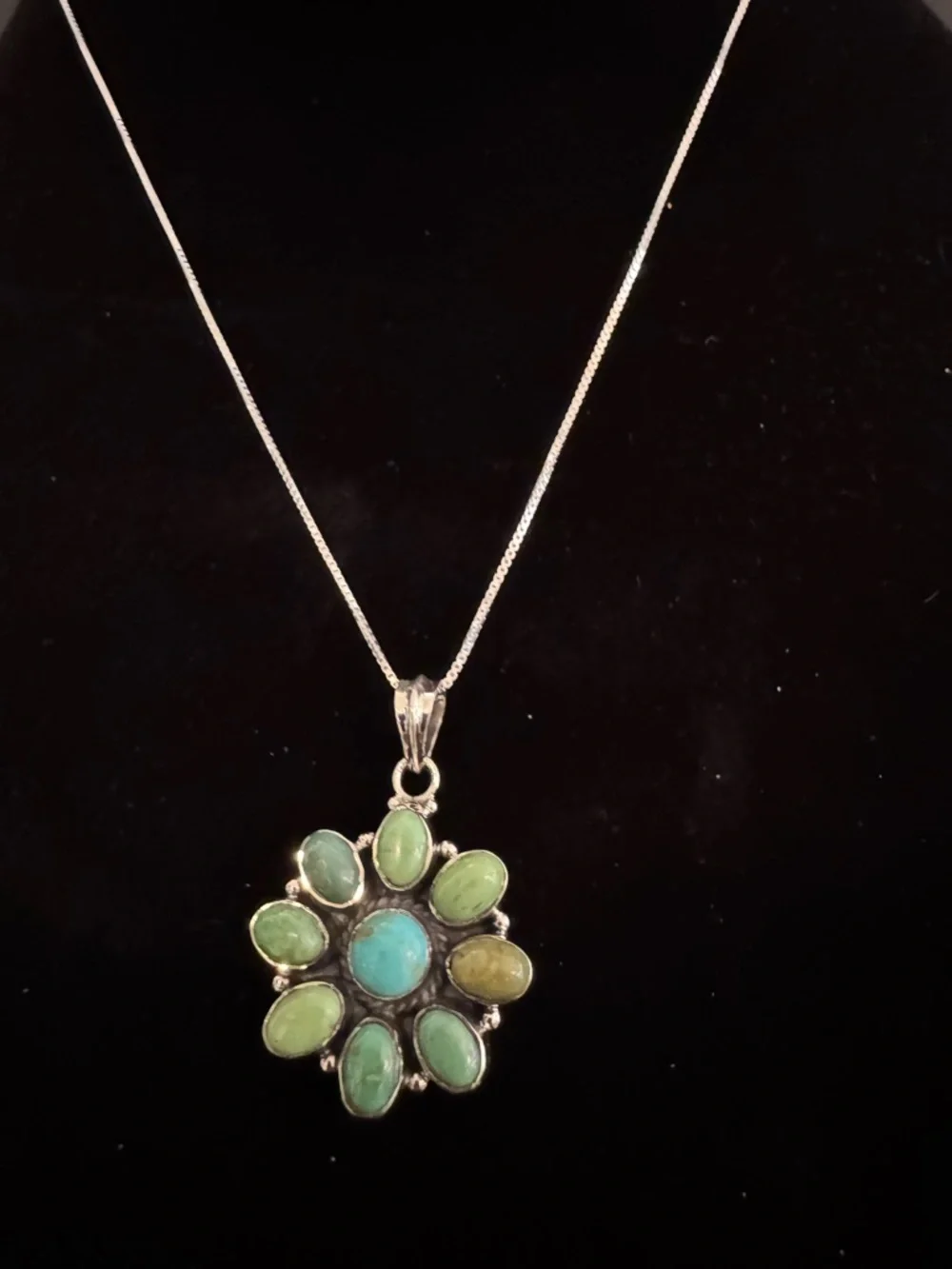 Sterling Silver Green Turquoise Flower Pendant Necklace - Picture 2 of 5